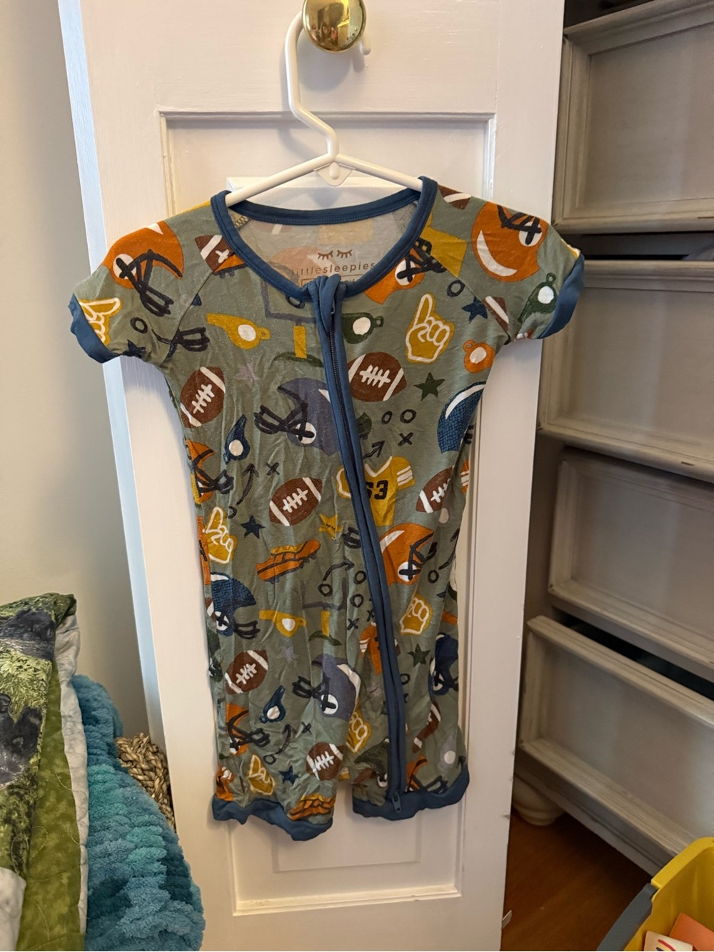 Little Sleepies Olive Short Sleeve Romper with Blue Trim and Orange Accents